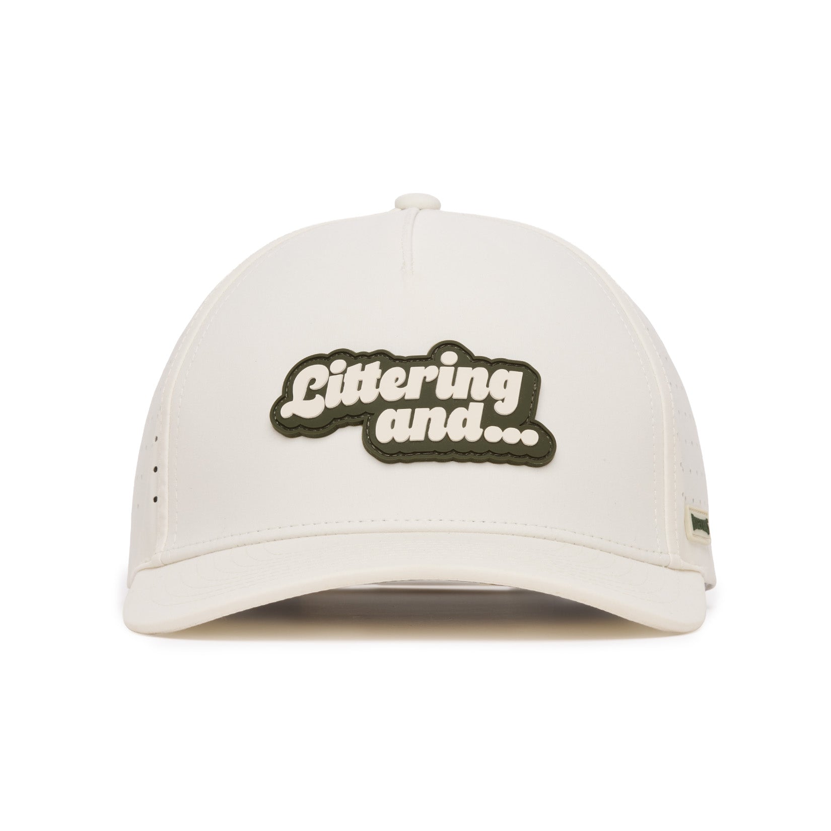 A white baseball cap viewed from the front, featuring a black and white patch in the center with the text Littering and... in bold, rounded letters. The cap has minimal visible detailing and clean lines.