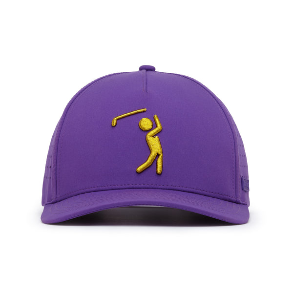 Purple cap with yellow golfer icon on a white background