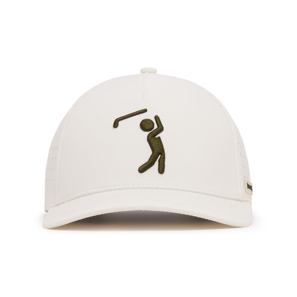 Centered against a white background is the Sgt. Bogeyman - Performance Golf Hat - Snapback, a white baseball cap crafted from performance material. The front showcases an embroidered olive green stick figure swinging a golf club, while side ventilation holes enhance breathability. A small olive green brand tab accents the lower right side. Designed with a snapback closure, this hat offers a clean, minimalist, and sporty look for maximum comfort and style.