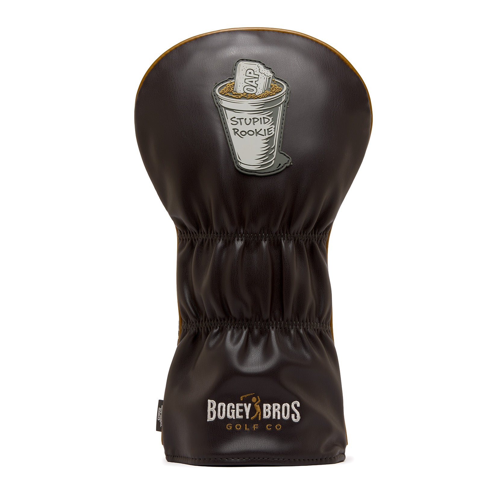 Introducing the Liter-O-Cola - Driver Headcover: a premium dark brown PU leather driver cover, featuring an embroidered cartoon coffee cup labeled “STUPID ROOKIE” and a packet marked “SOAP” inside. The design is finished with “Bogey Bros Golf Co” beautifully stitched in white and gold near the bottom.