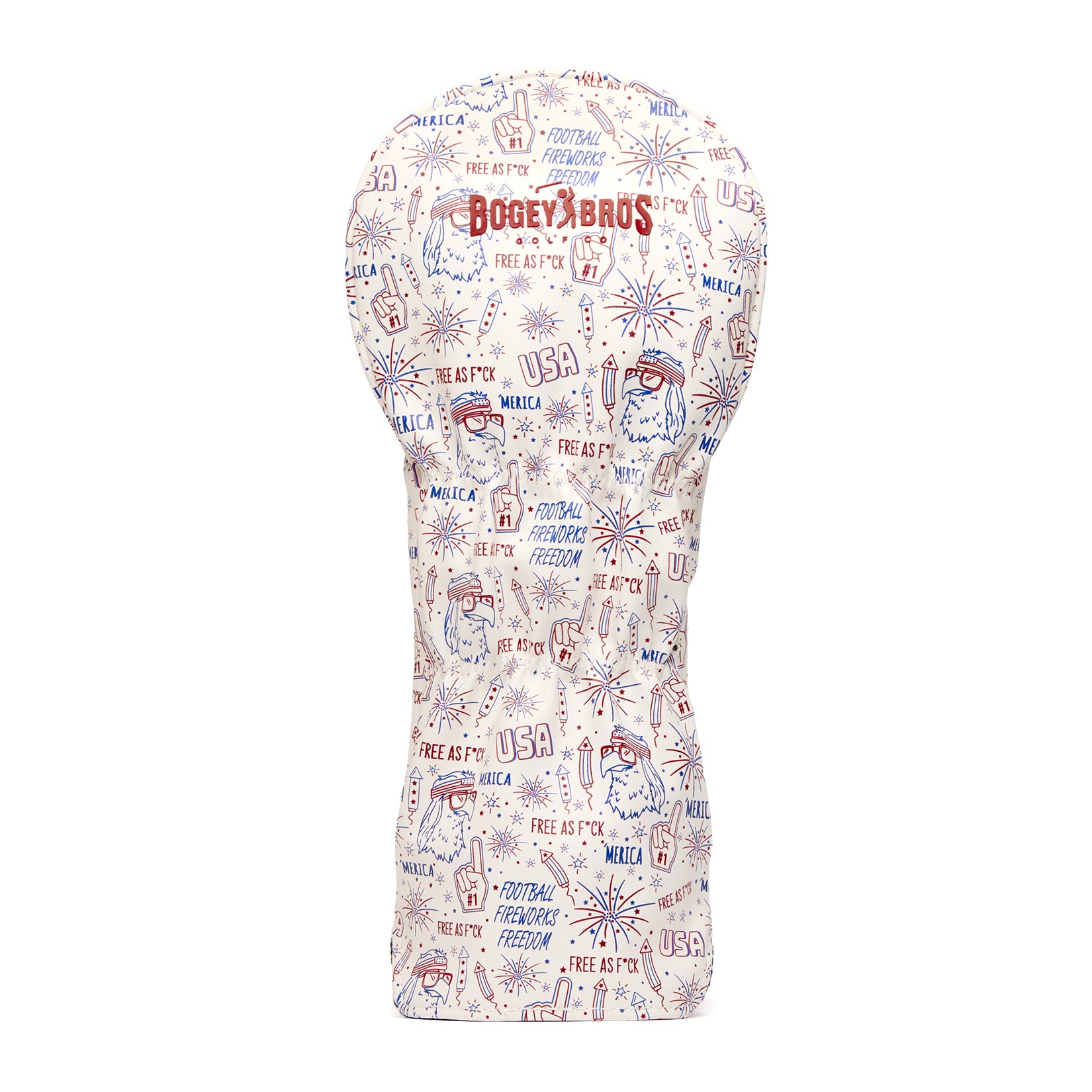 A white golf club headcover with red and blue cartoon graphics and text. Designs include fireworks, eagles, Uncle Sam, “USA,” and phrases like “Freedom” and “America.” The top reads “Bogey Bros.” The pattern repeats over the entire headcover.