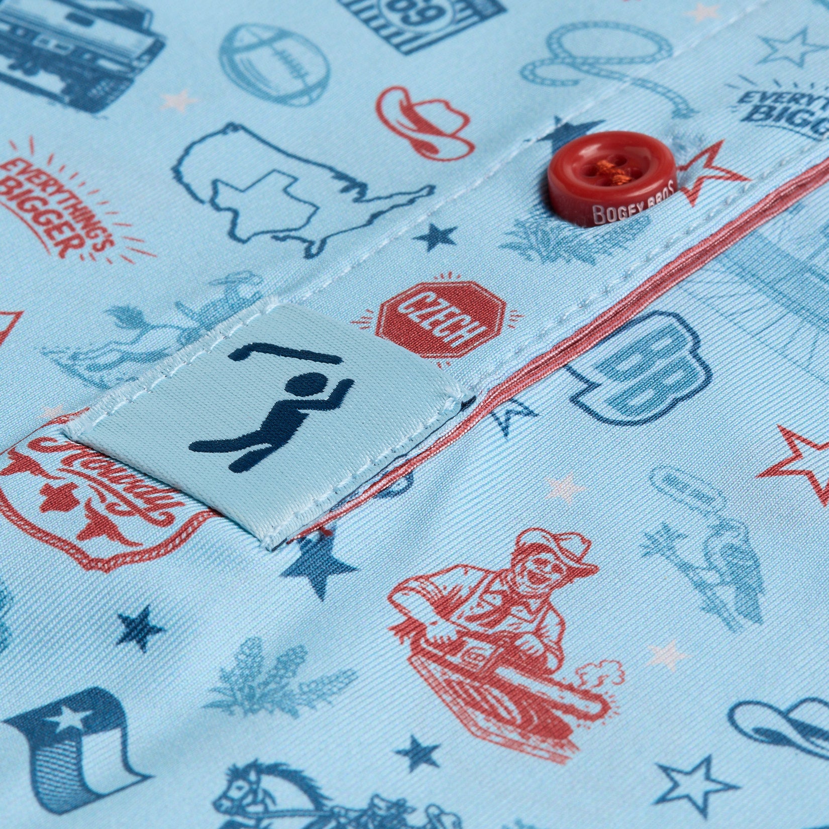 Light blue fabric with red and navy Texas-themed graphics, including a golfer, map of Texas, cowboy, BBQ, football, and stars. A red button reads Bogey Bros. The stitching and tag with a golf icon are visible near the center.