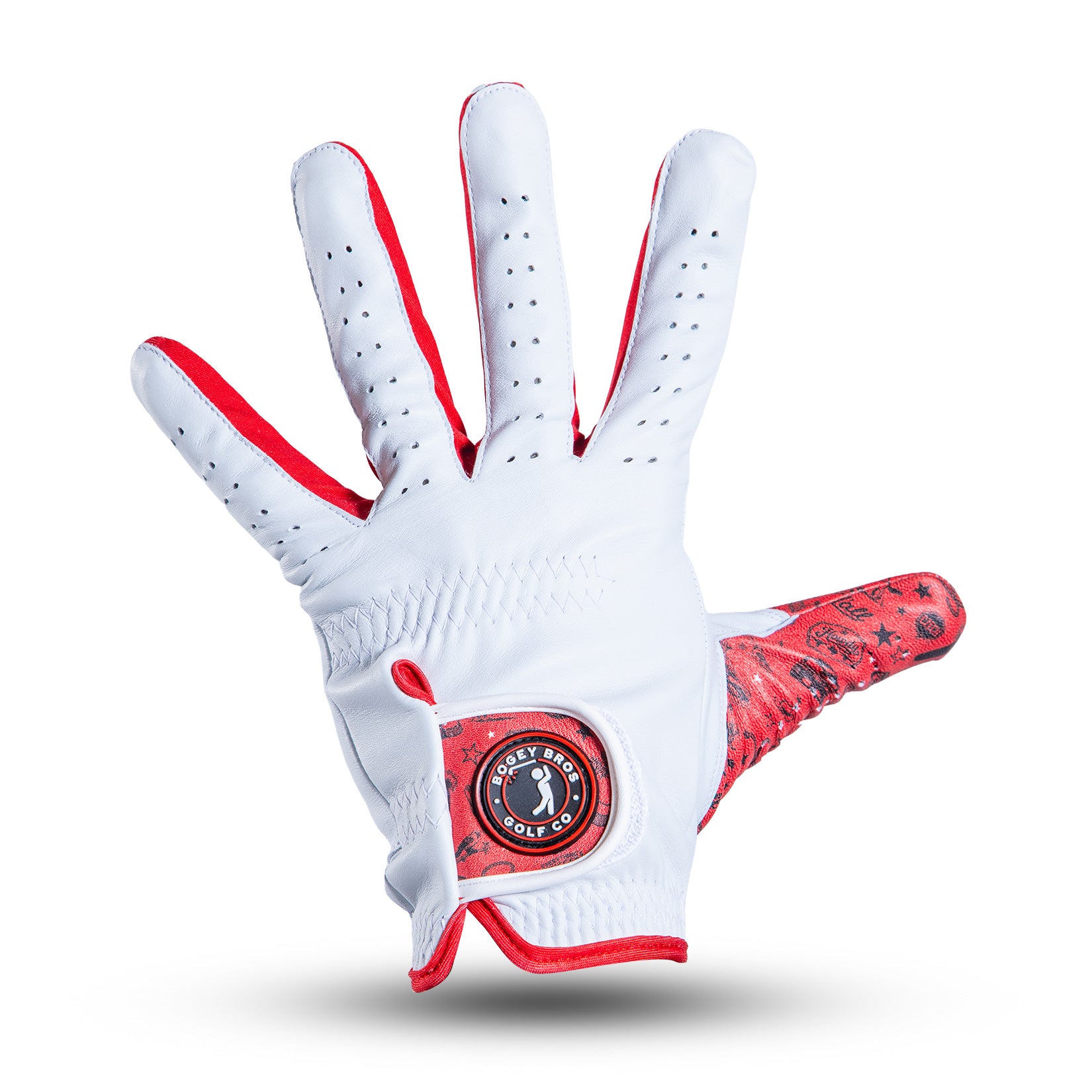 A white golf glove with red trim and inner thumb, displayed palm up. The palm features a circular logo, ventilation holes on the fingers, and visible gathered stitching at the wrist. The background is plain white with a soft shadow below the glove.