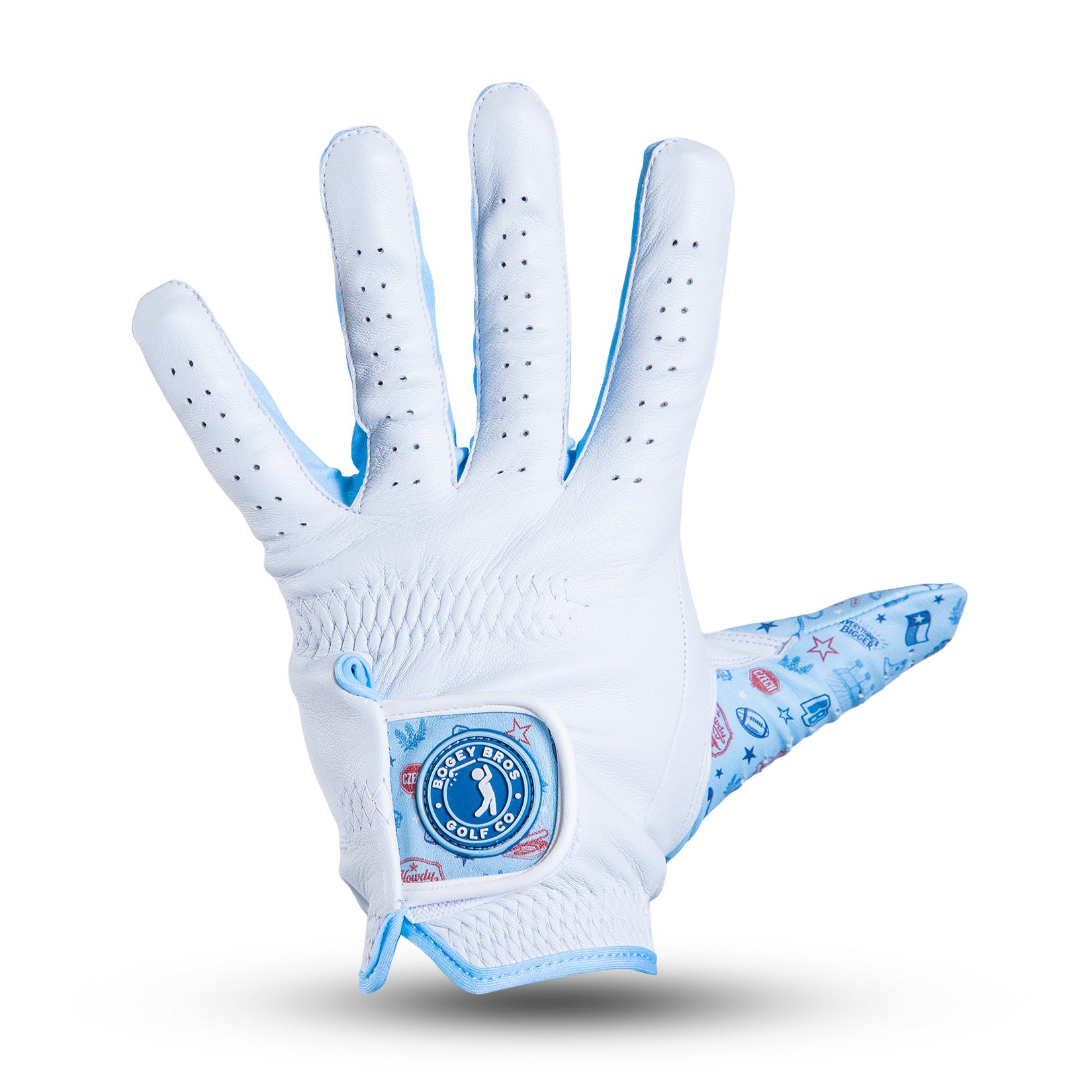 A white golf glove with blue trim, shown palm up against a white background. The glove features perforations on the fingers, a blue circular Rocket Golf Co. logo on the wrist, and a pattern of small icons on the thumb and side.
