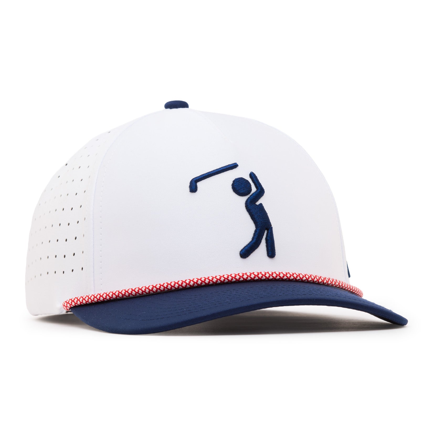 A white baseball cap with a navy blue brim, perforated side panels, and a red, textured band above the brim. The front features a blue silhouette of a golfer mid-swing. The overall design is sporty and clean.