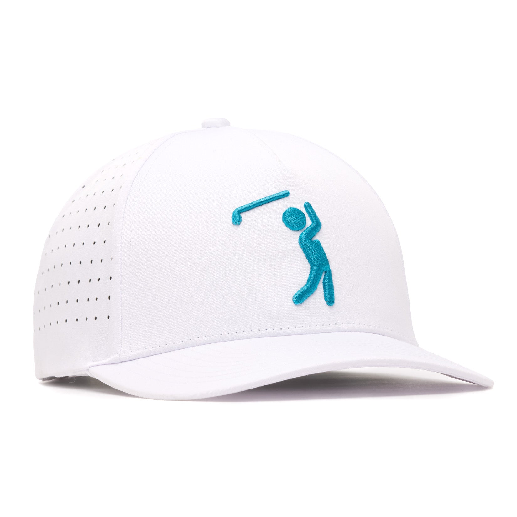 The Bogeyman - White/Teal Performance Golf Hat is a white snapback cap with a flat brim, featuring a blue stick figure swinging a golf club. Made from sweat stain-resistant material and ventilated sides, it's sporty and minimal.