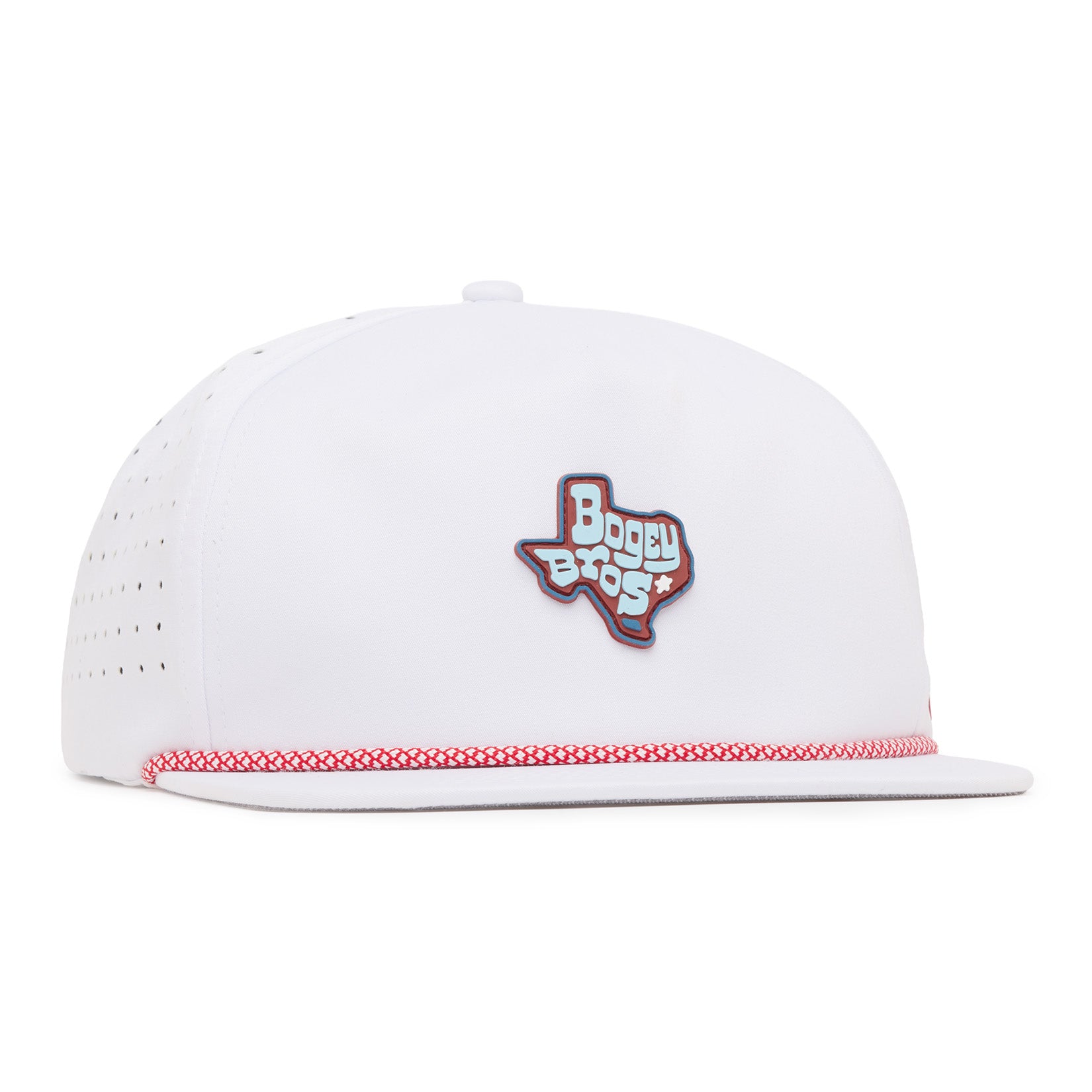 A white snapback hat with red trim on the brim. The front features an outline of Texas with the words Boogy Bros in stylized blue and white letters. Small perforations are visible on the side of the cap for ventilation.