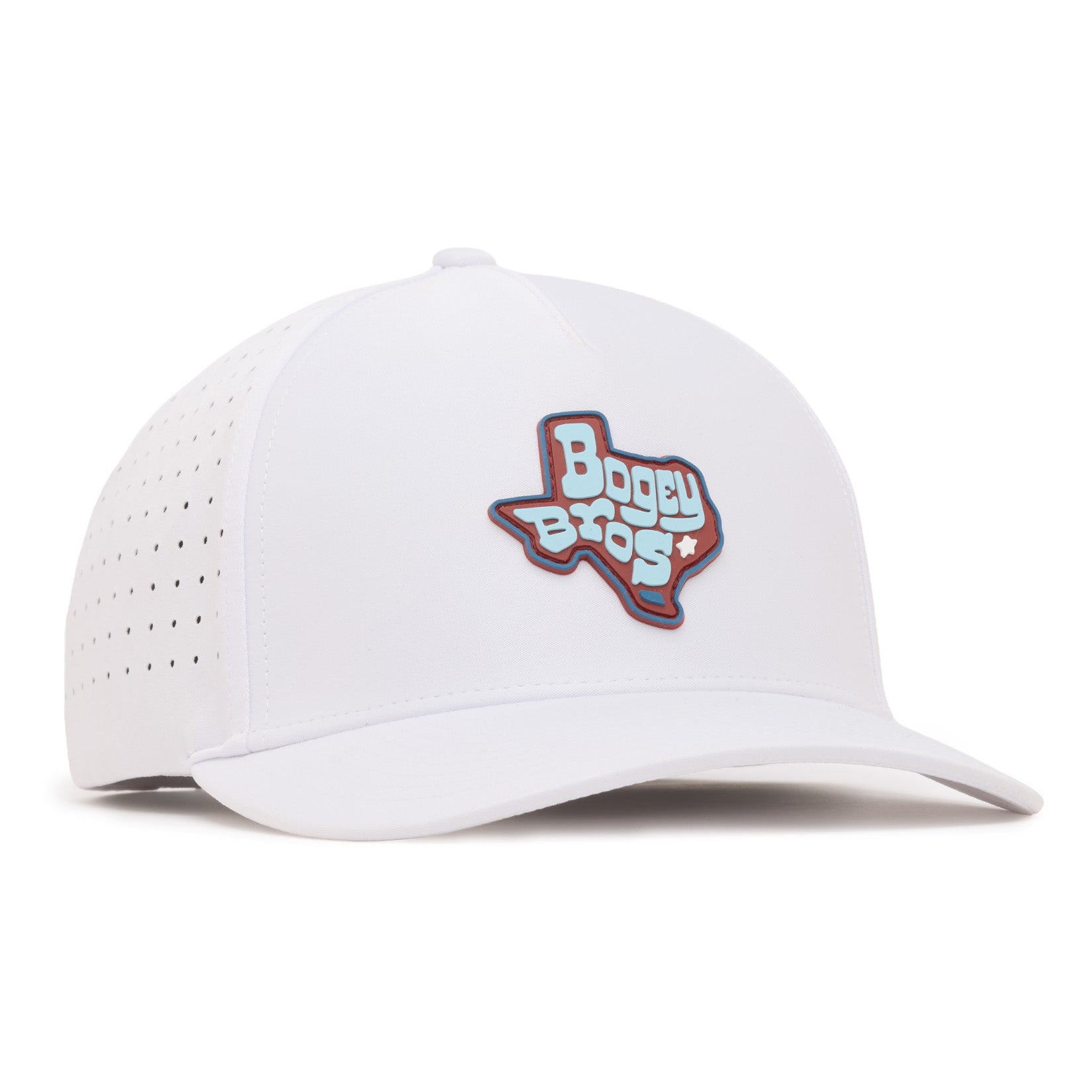 A white baseball cap with a structured front and curved brim. The side panels are perforated. The front displays a Texas-shaped patch with the words Boogy Bros in stylized blue letters outlined in red and brown.