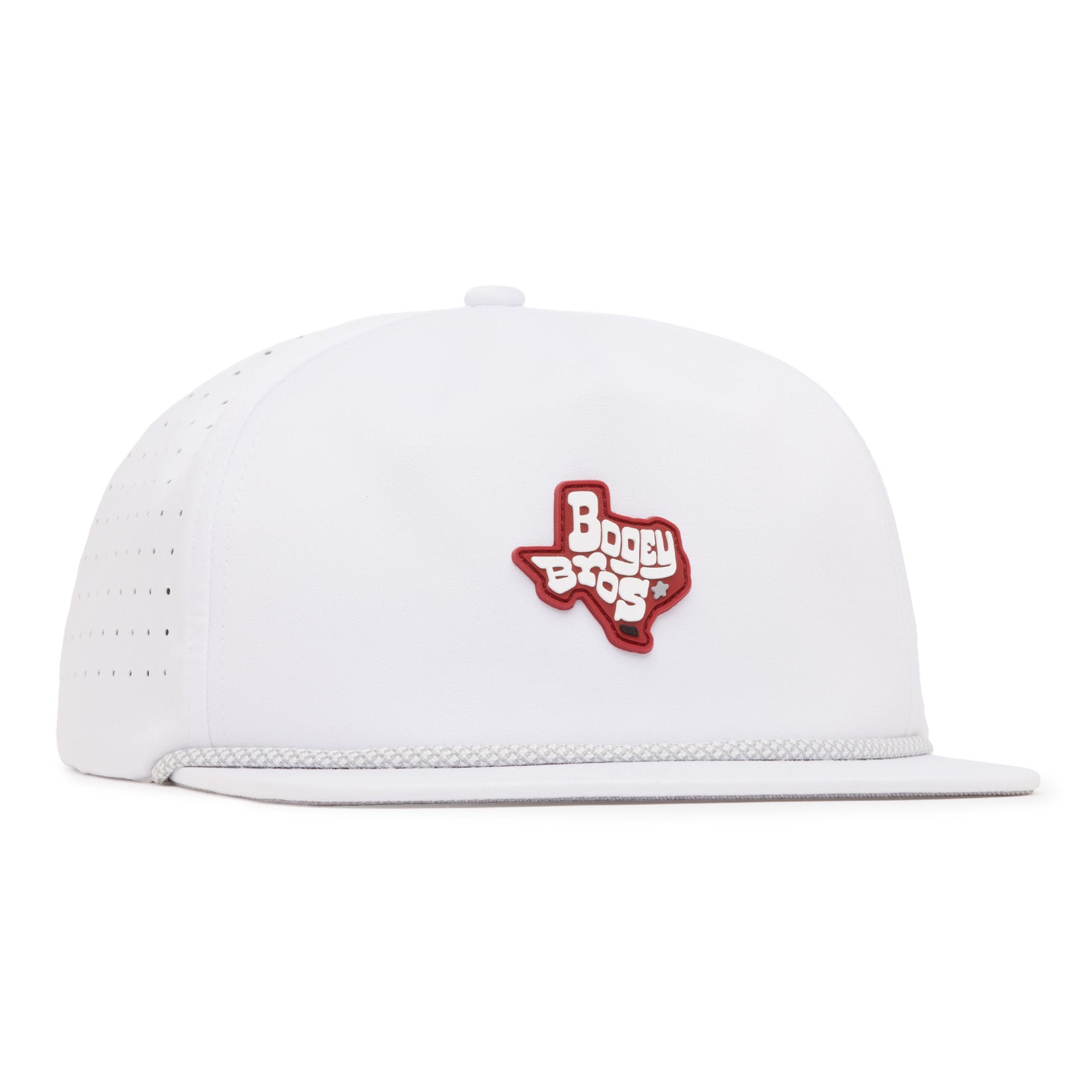 A white snapback hat features a red outline of Texas with the words Boggy Bros in white and red on the front panel. The cap has small ventilation holes on the side and a white rope detail above the brim.