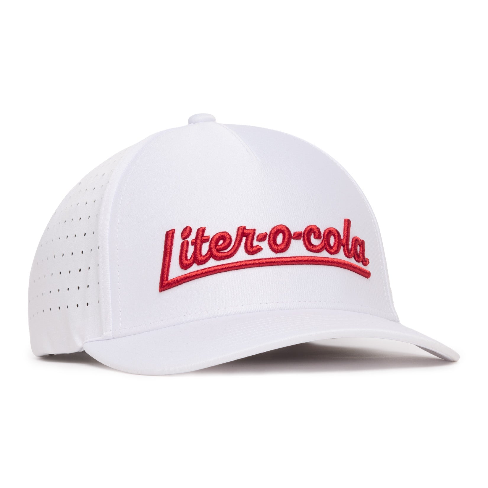 A white baseball cap with perforated sides and a curved brim. The front has Liter-o-cola embroidered in bold red cursive letters. The cap is photographed on a white background, angled to show both the front and side details.