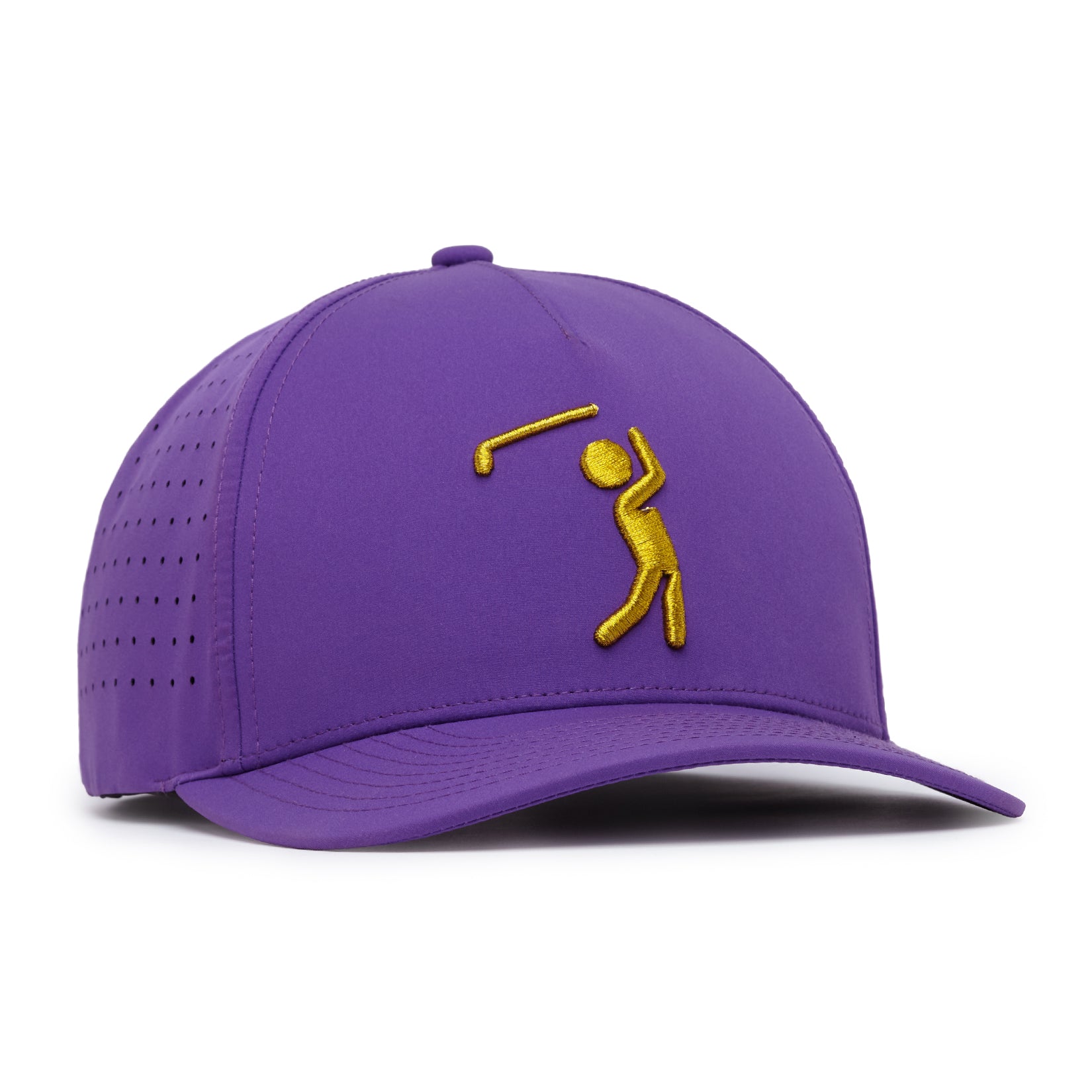Purple cap with a yellow golfer icon on a white background