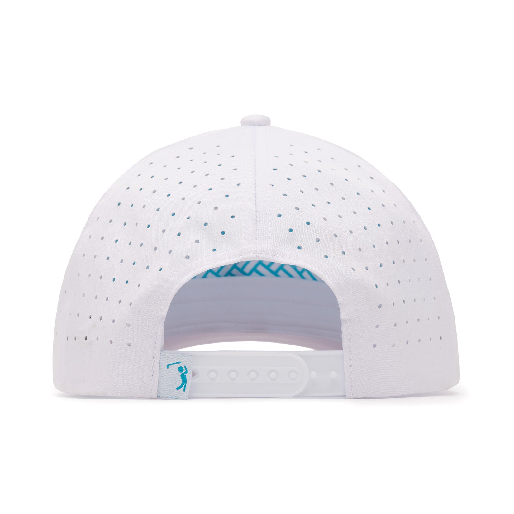 The Bogeyman White/Teal Performance Golf Hat is a white snapback cap with a perforated design, adjustable plastic strap, sweat stain resistant material, and a small blue logo by the strap. Blue pattern detail is partly visible inside.