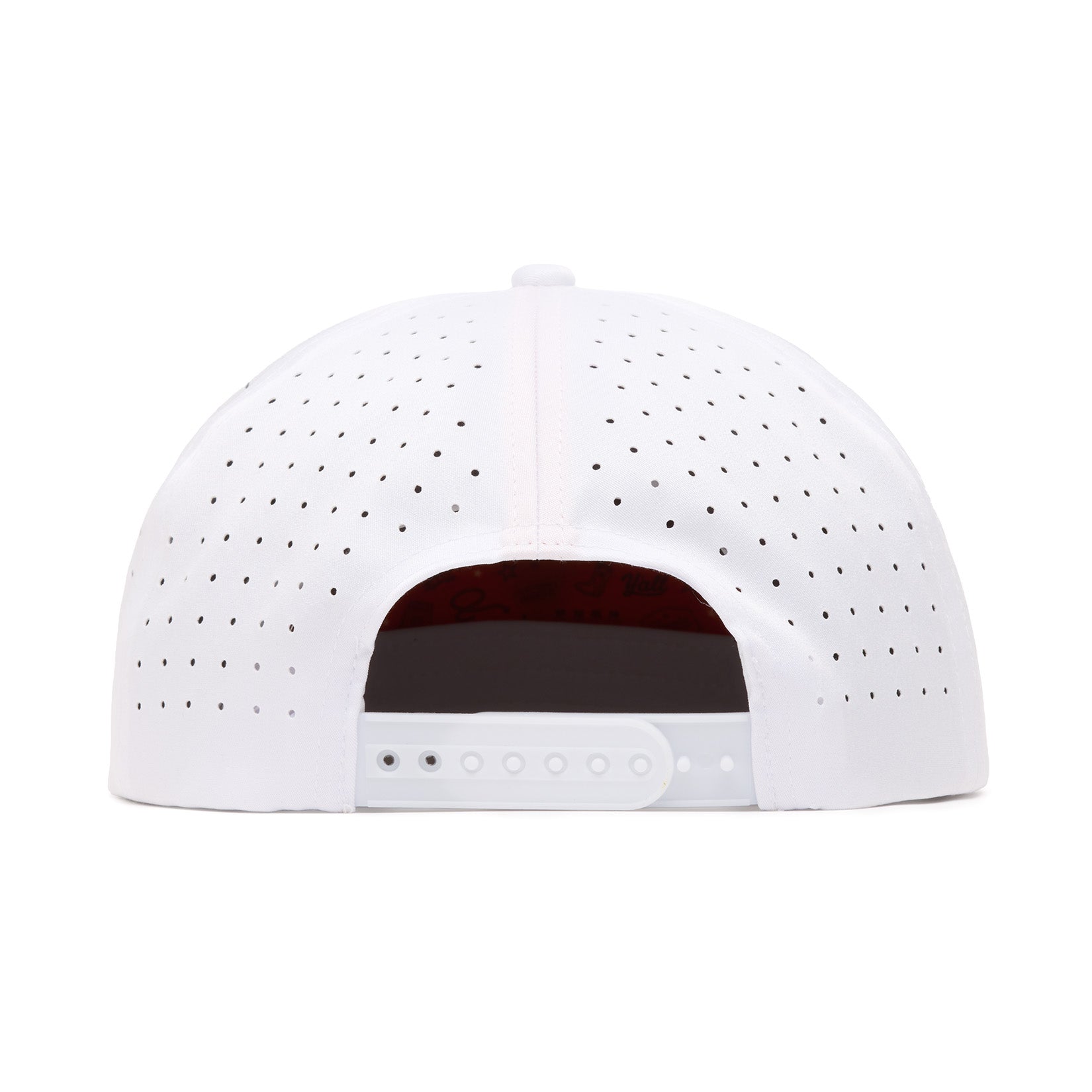 The image shows the back view of a white baseball cap with small ventilation holes and an adjustable snapback closure. The cap is centered on a plain white background.