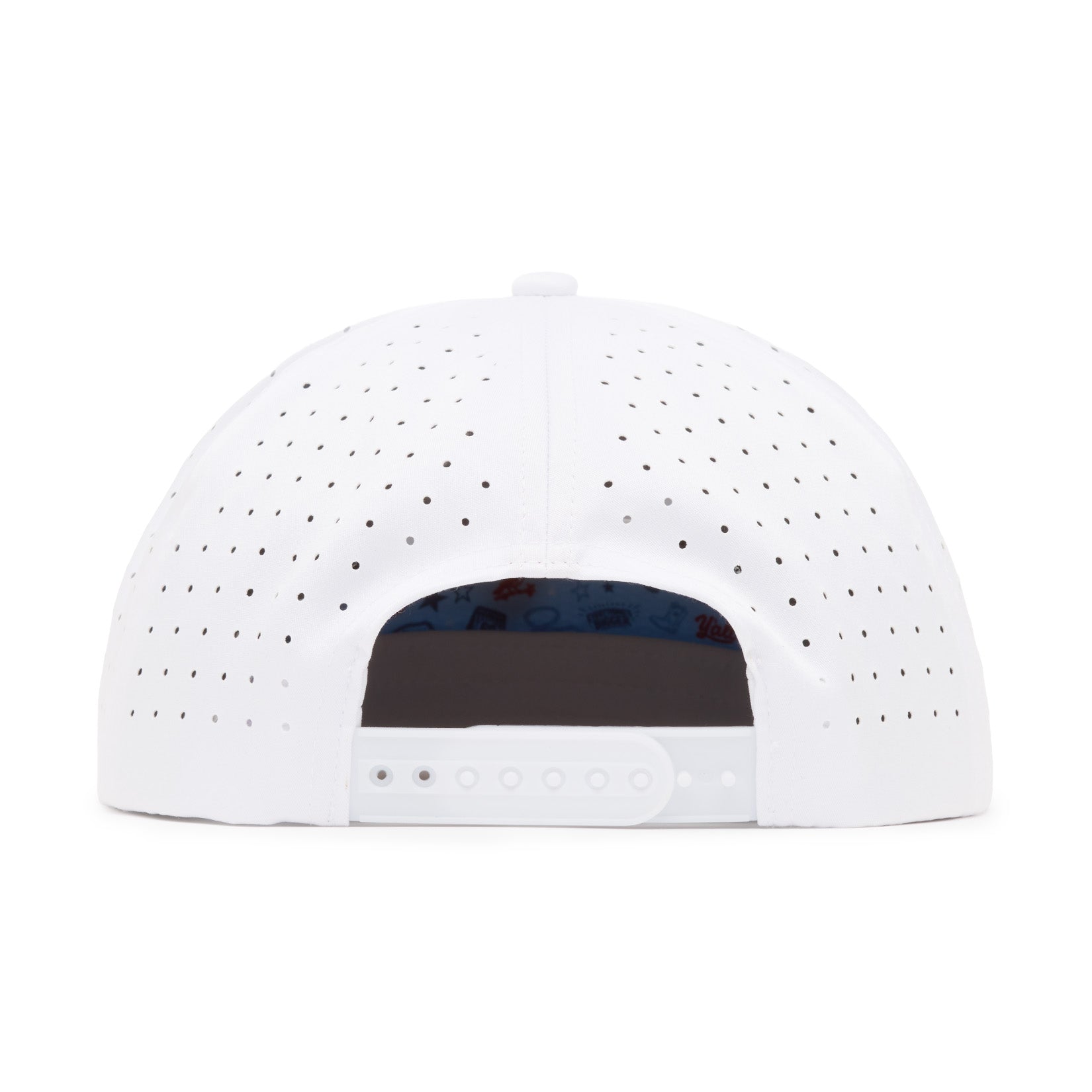 Back view of a white baseball cap with perforated holes and an adjustable plastic snap closure.