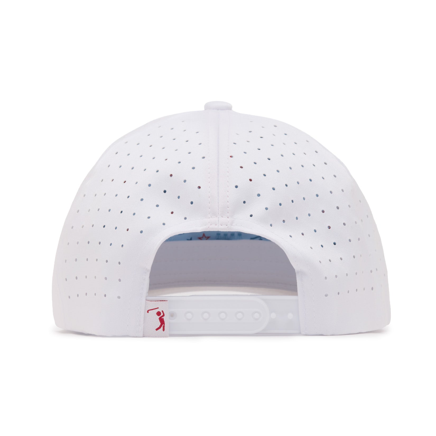 A white baseball cap viewed from the back, featuring small evenly spaced ventilation holes. The adjustable snap closure is visible, along with a small red logo tag on the left side of the closure. The interior lining is partially visible.