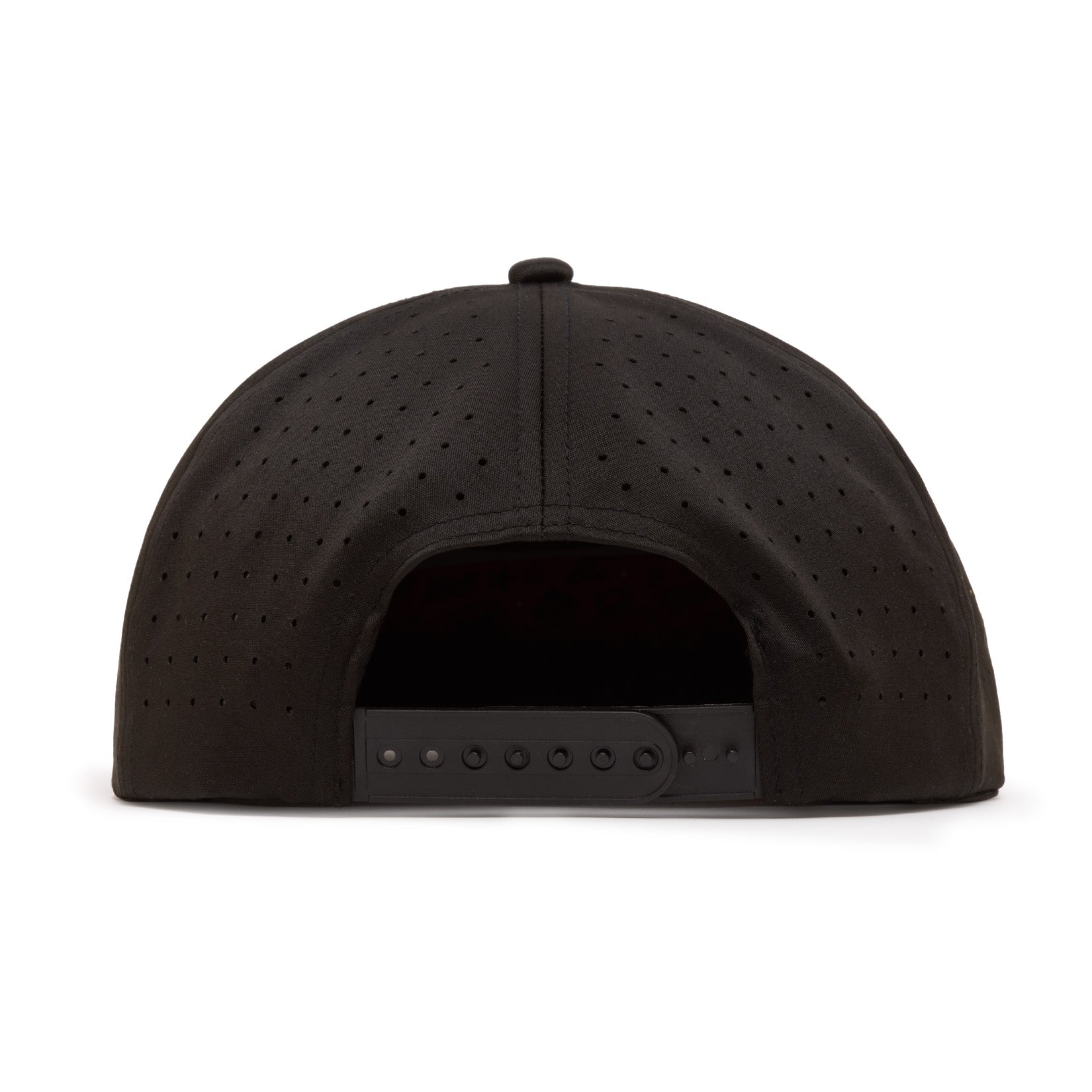 A black baseball cap viewed from behind, featuring an adjustable snapback closure and small ventilation holes covering the back panel. The cap is set against a plain white background.