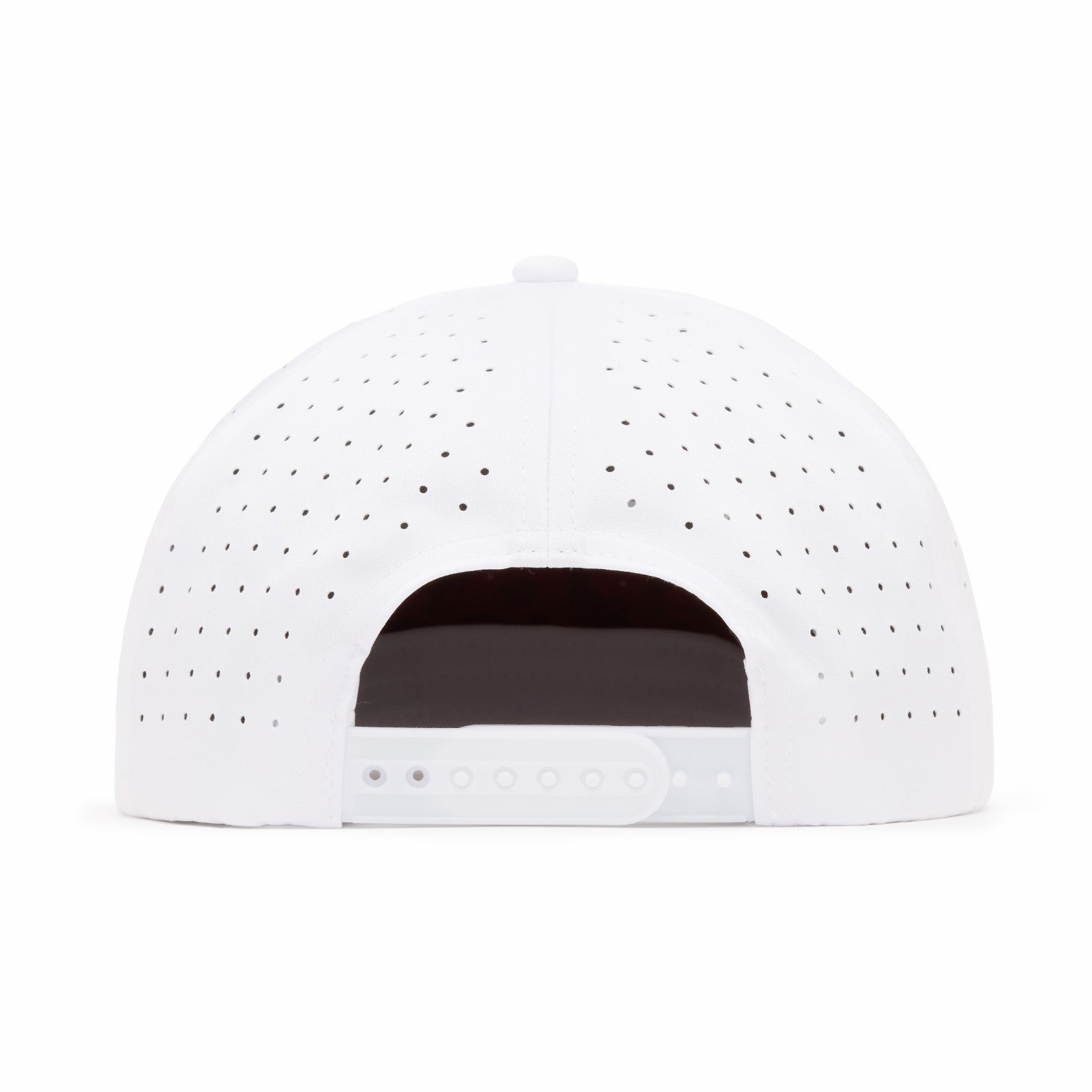 White baseball cap viewed from the back, featuring small evenly spaced ventilation holes and an adjustable snapback closure. The cap is plain with no visible logos or designs.