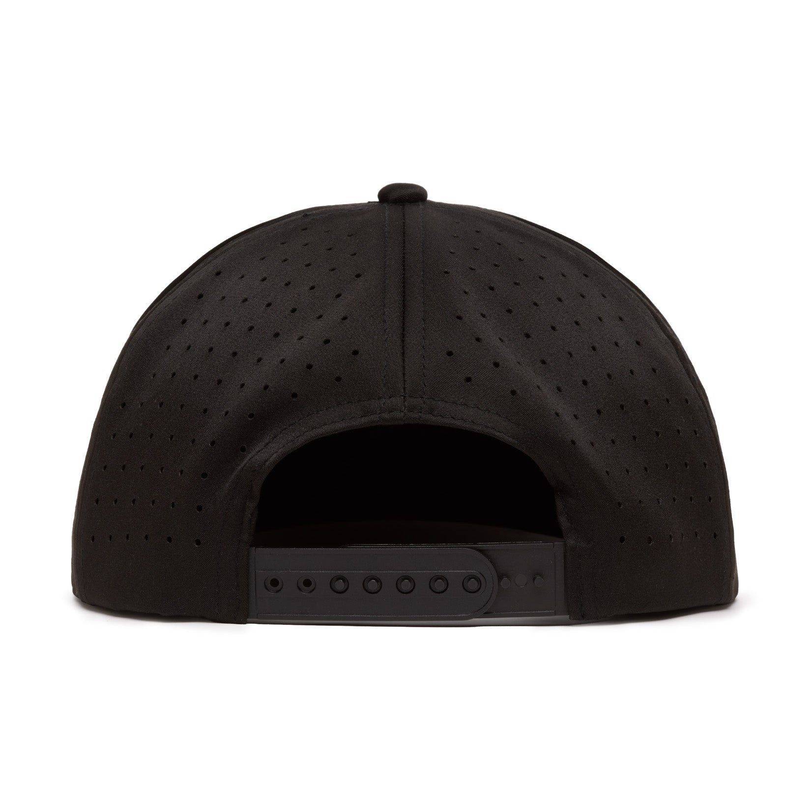 A close-up, rear view of a black baseball cap with small ventilation holes and an adjustable snapback closure. The cap is plain with no visible logos or designs.