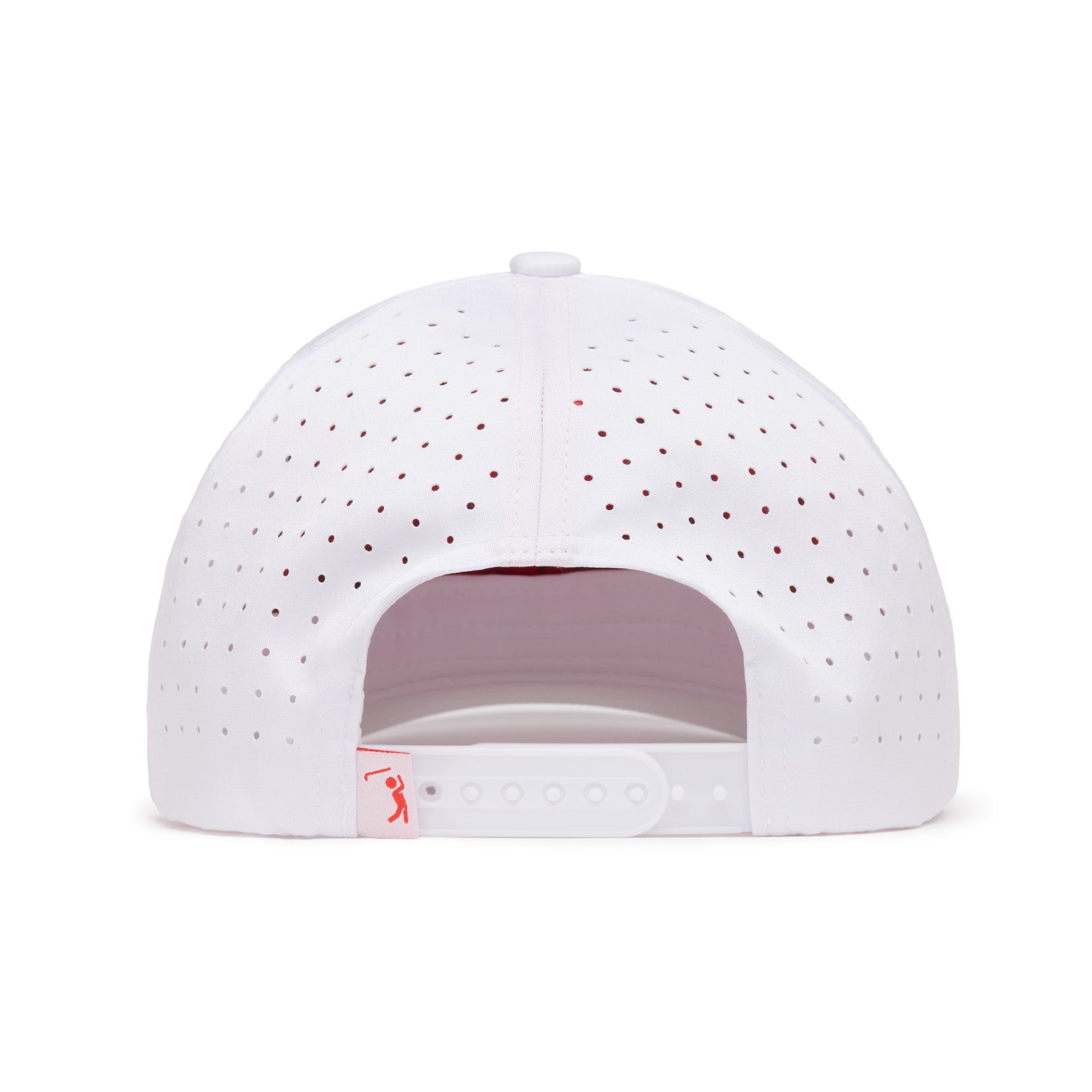Back view of a white baseball cap with small ventilation holes, adjustable plastic snap closure, and a small pink tag on the left side featuring a minimalist logo. The cap has a curved crown and a structured design.