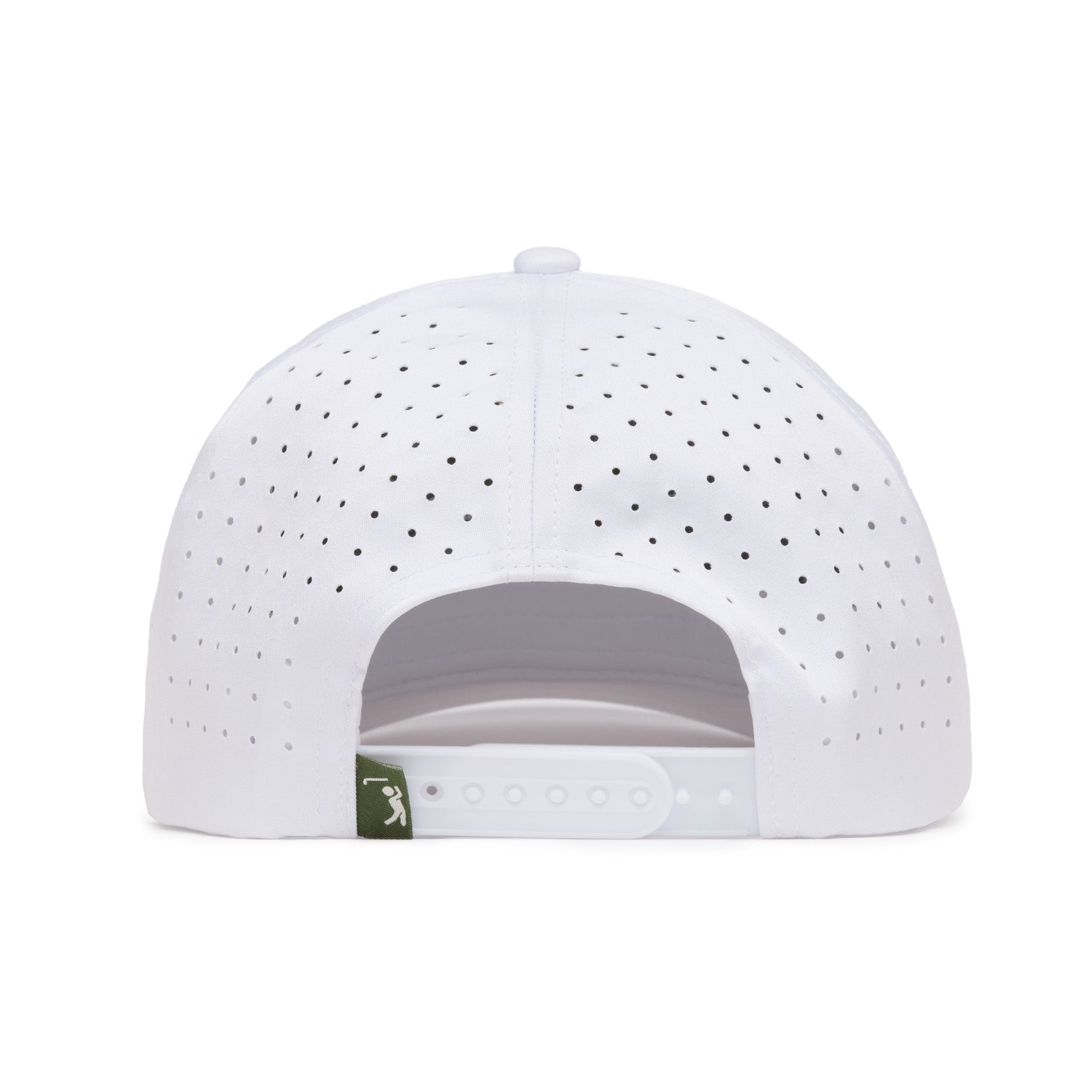 The image shows the back view of a white baseball cap with small ventilation holes. It features an adjustable snapback closure and a small green fabric tag on the left side with a white logo. The cap is set against a plain white background.
