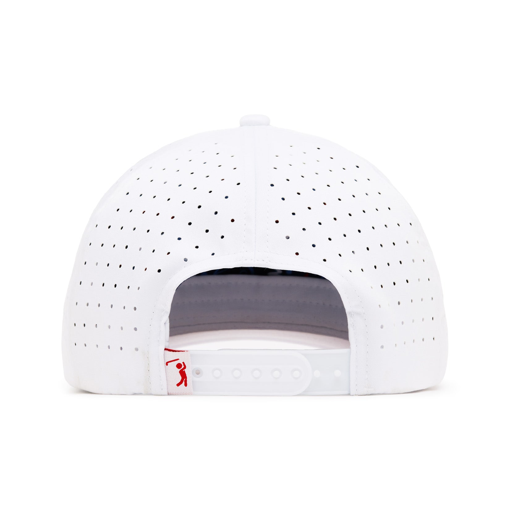 A white baseball cap viewed from the back, featuring a perforated design with small evenly spaced holes and an adjustable white snapback closure. A small red logo tab is attached near the bottom left of the opening.