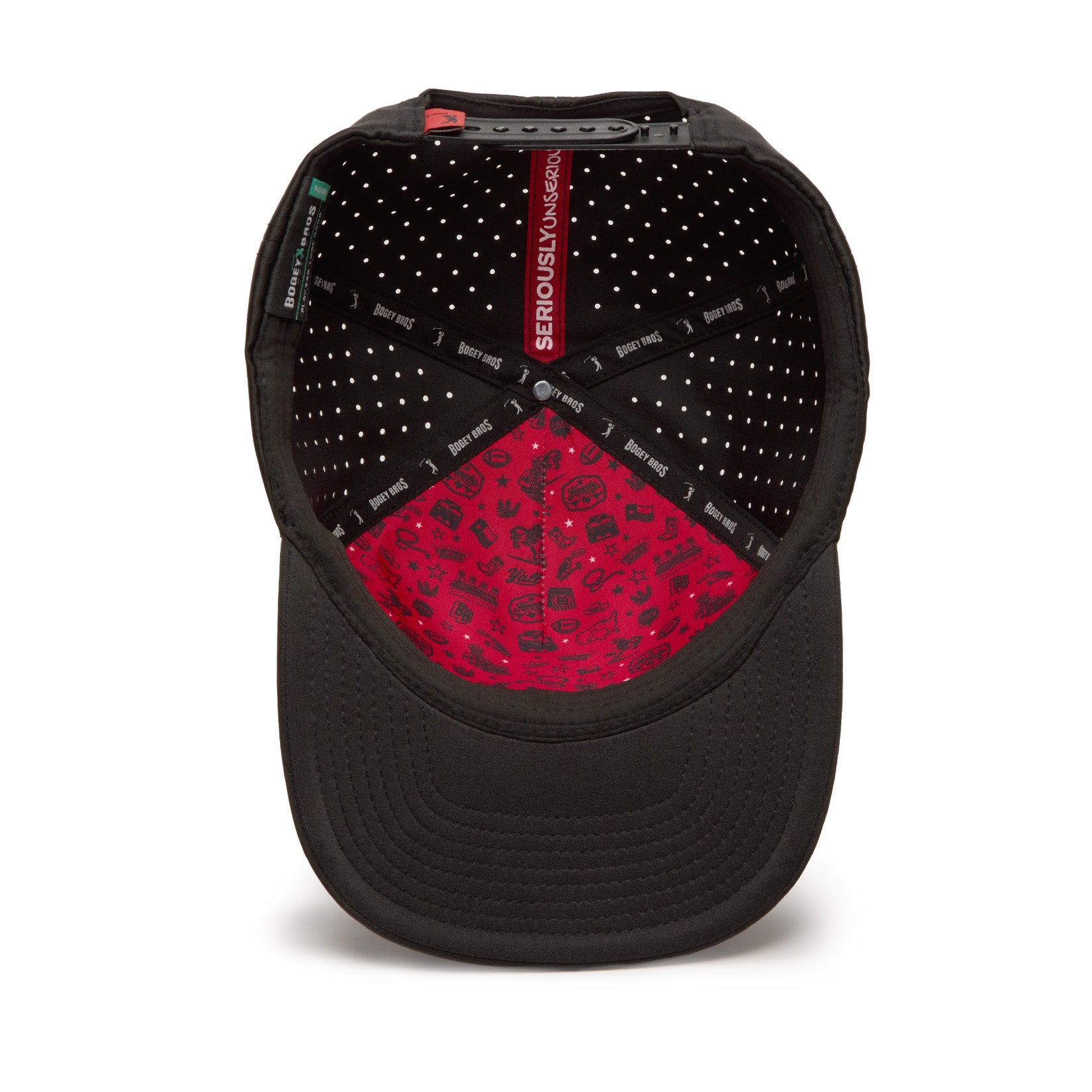Black baseball cap shown from above, revealing its interior. The inside is black with small white dots and black tape labeled SERIOUSLY UNSERIOUS. The inner front panel is red with black doodles, and the adjustable back is visible.