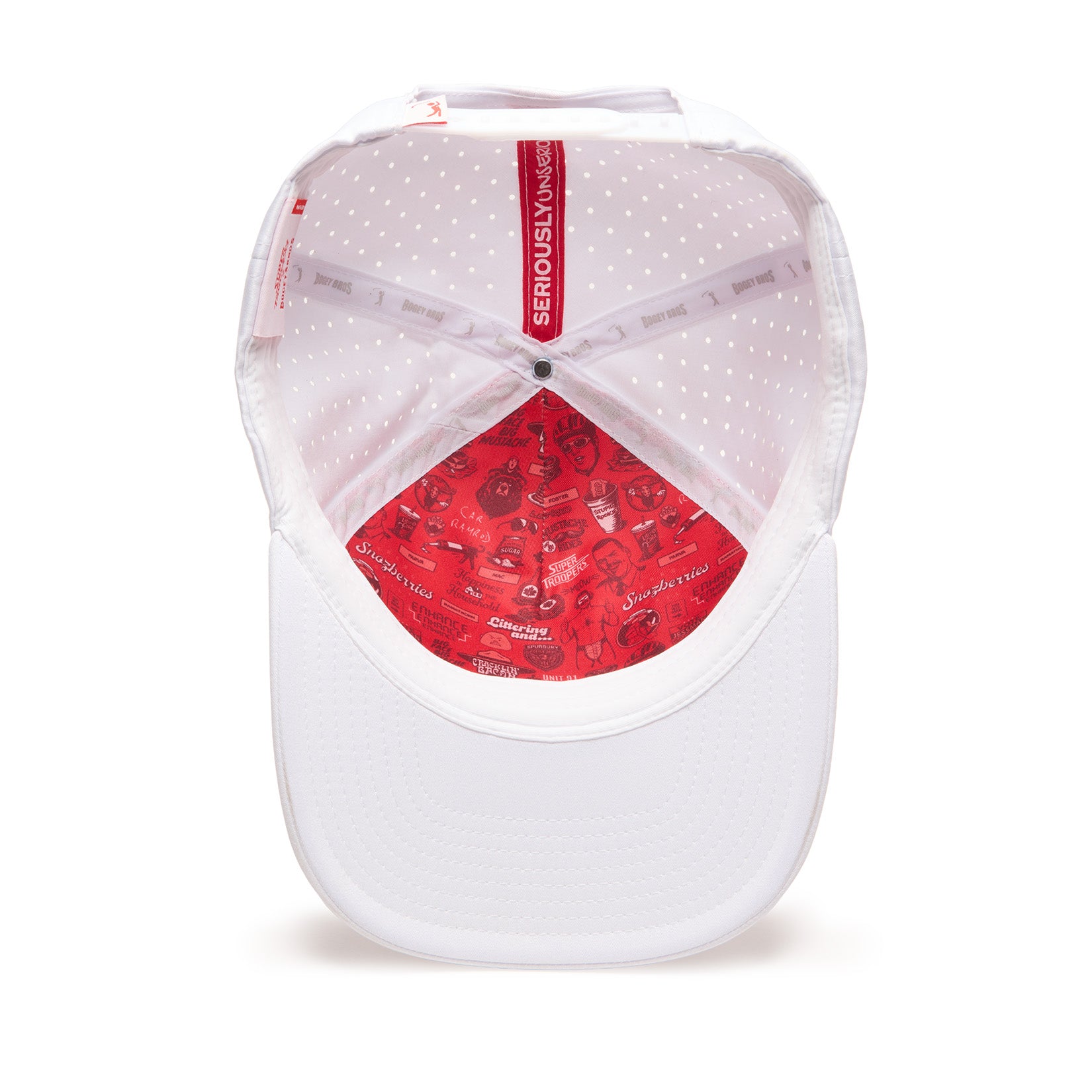 A white baseball cap shown from inside, with a red inner lining featuring various white graphics and text. The cap has white mesh sides with small dots, and a white brim. Visible are the internal seams and a red strip with SERIOUS written on it.