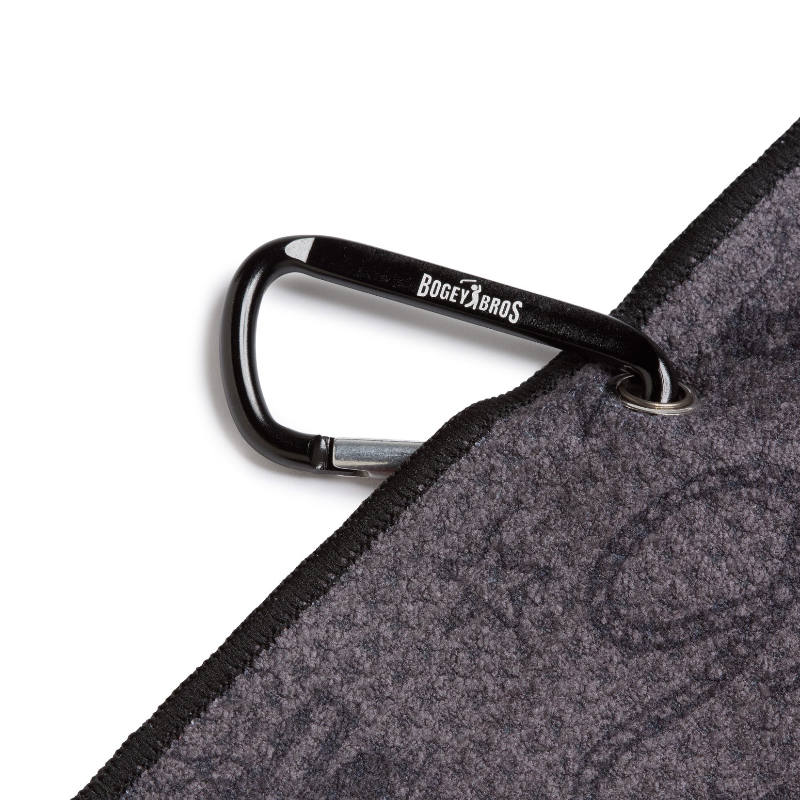 A close-up of a gray textured fabric with black trim and a metal grommet, featuring a black carabiner labeled BOGEY BROS attached to the grommet. The background is white, highlighting the details of the fabric and carabiner.