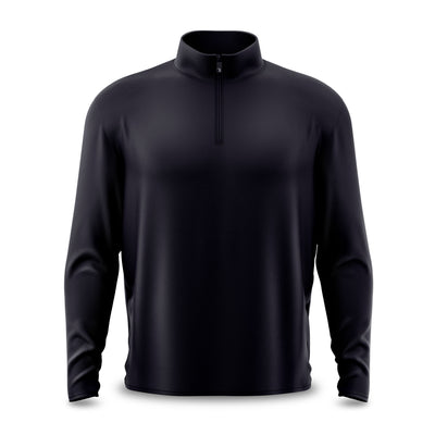 The Black - Q-Zip is a long-sleeve, black pullover featuring a mock neck and quarter-zip closure. Made from smooth, moisture-wicking fabric with an athletic fit. Shown against a plain white background.