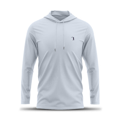 The Bone - Hoodie is a light gray, long-sleeve hooded shirt with adjustable drawstrings and a small dark embroidered golfer logo on the left chest. Made with moisture-wicking fabric and UPF 50 protection. Shown on a plain white background with subtle shadow.