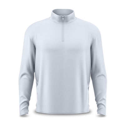 The Bone - Q-Zip is a light gray, long-sleeve pullover with a stand-up collar and half-zip closure. Made from moisture-wicking fabric with fitted wrists, this relaxed-fit shirt is displayed on an invisible mannequin against a white background.