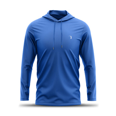 The Cooler Blue - Hoodie is a royal blue, long-sleeved hoodie with an athletic fit, front pocket, and drawstrings. Displayed on an invisible mannequin against a plain white background, it features a small white embroidered golfer logo on the left chest.