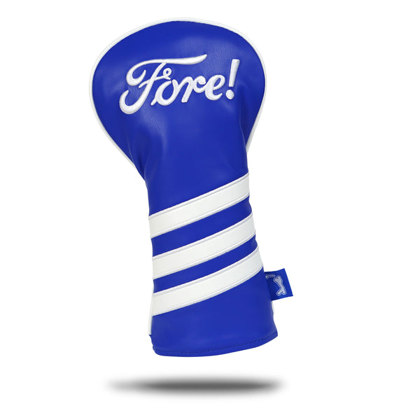 The Fore! - Driver Headcover is crafted from premium blue PU leather with "Fore!" embroidered in white on top, two diagonal white stripes, and a small blue side tag. It stands upright with a shadow on a white background.