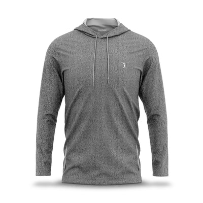 The Heather Gray - Hoodie is a long-sleeve, relaxed fit hoodie with a front pocket, drawstring hood, and small white embroidered logo on the left chest. Made from textured, moisture-wicking fabric and shown on a plain white background.