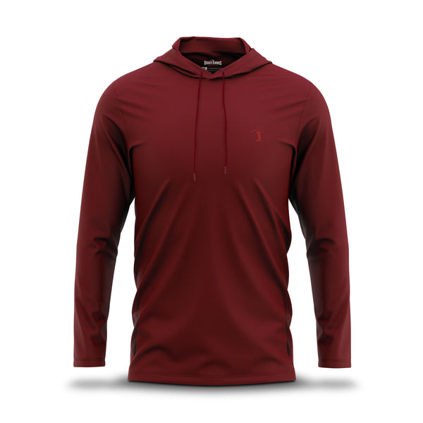 Introducing the Burgundy - Hoodie by Bogey Bros: a long-sleeve, dark red hooded shirt crafted from lightweight performance fabric with subtle vertical texture and UPF 50 protection. It features a matching drawstring hood and a small, tonal embroidered golf logo on the left chest. The shirt is displayed against a plain white background with a subtle shadow.