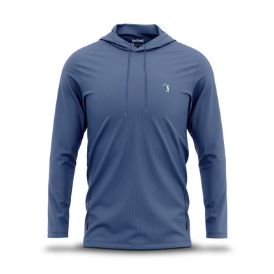 Introducing the Cooler Blue - Hoodie: This blue long-sleeve hoodie features a front pocket, adjustable drawstrings, and a small white golfer logo on the left chest. Made from super stretchy fabric for all-day comfort, the Cooler Blue - Hoodie is showcased on an invisible mannequin against a white background.
