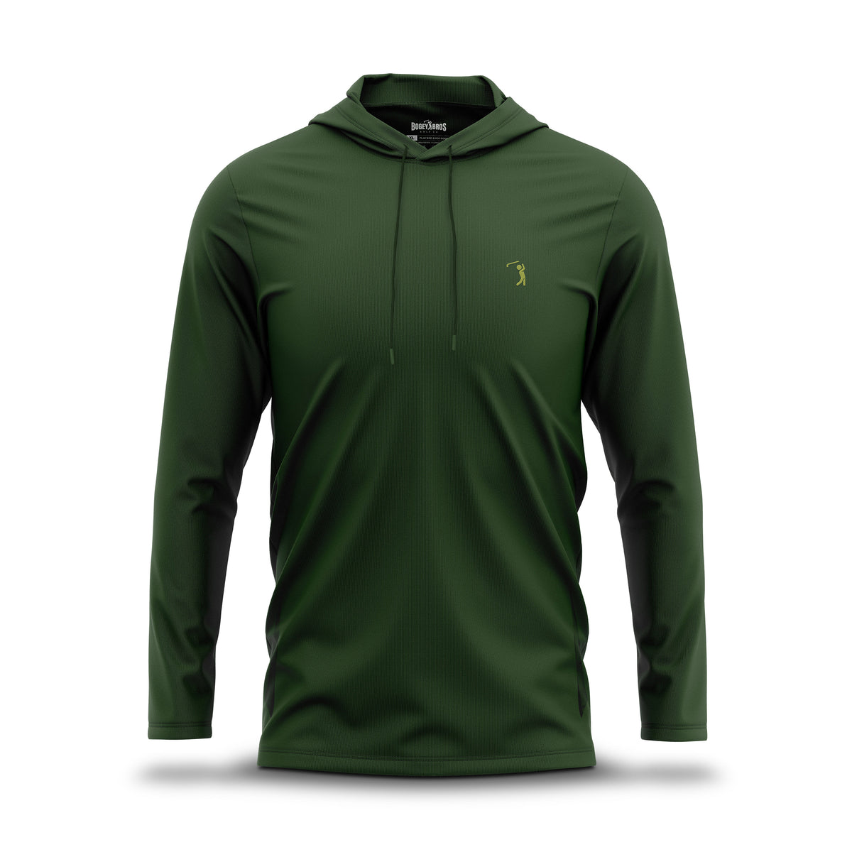 A Forest Green - Hoodie with long sleeves and a hood, featuring drawstrings and a small gold embroidered deer logo on the left chest. The front view shows its smooth, slightly fitted and stretchy fabric designed for comfort, with no patterns or extra details visible against a white background.
