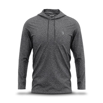 Introducing the Heather Gray - Hoodie: This long-sleeve top in heathered dark gray combines an athletic fit with moisture-wicking fabric for all-day comfort. It features a drawstring hood, a subtle textured pattern, and a small embroidered white logo on the left chest, all presented against a plain white background.