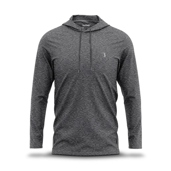 Introducing the Heather Gray - Hoodie: This long-sleeve top in heathered dark gray combines an athletic fit with moisture-wicking fabric for all-day comfort. It features a drawstring hood, a subtle textured pattern, and a small embroidered white logo on the left chest, all presented against a plain white background.