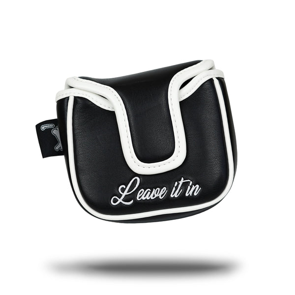 The I NEVER PULL OUT - Mallet Putter Headcover is crafted from black premium PU leather with white trim, "I NEVER PULL OUT" embroidered in white script, a magnetic clasp, and a small black tag with a golfer silhouette.
