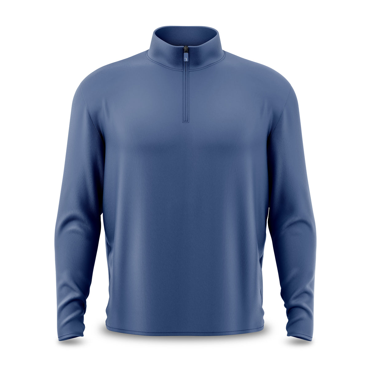 Showcased against a plain white background, the Cooler Blue - Q-Zip is a long-sleeved quarter-zip pullover shirt designed with an athletic fit. It features a standing collar, subtle textured fabric, and a small zipper at the neckline. The product is presented in clean, professional photography style with soft drop shadows.