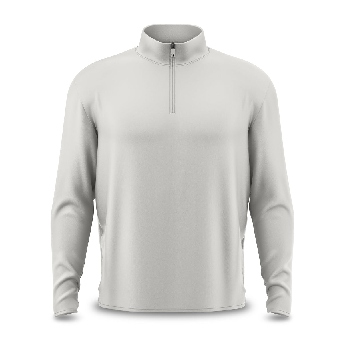 The Bone - Q-Zip, a light gray long-sleeve pullover featuring a quarter-zip front and a stand-up collar, is displayed against a plain white background. Designed with an athletic fit, this garment has no visible logos, patterns, or embellishments and provides a relaxed feel for everyday wear.