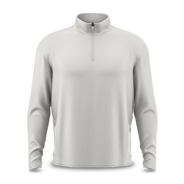 The Bone - Q-Zip, a light gray long-sleeve pullover featuring a quarter-zip front and a stand-up collar, is displayed against a plain white background. Designed with an athletic fit, this garment has no visible logos, patterns, or embellishments and provides a relaxed feel for everyday wear.