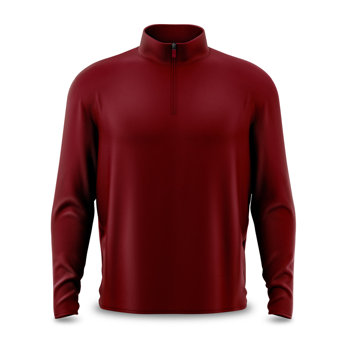 A studio-lit image of the “Burgundy - Q-Zip,” a plain, dark red long-sleeve quarter-zip pullover shirt, centered against a white background. This athletic-style garment features a high collar with a vertical zipper closure and an athletic fit designed for enhanced comfort. The smooth, synthetic texture is characteristic of moisture-wicking performance sportswear.