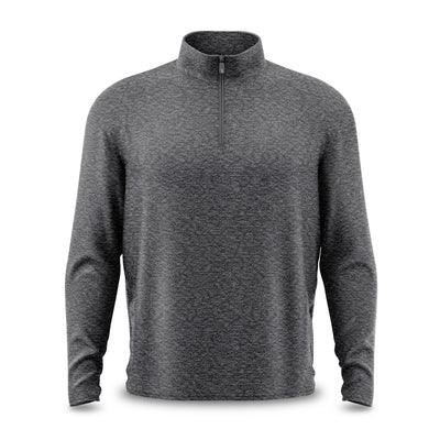 Introducing the Heather Gray - Q-Zip: a men’s long-sleeve quarter-zip pullover crafted from textured, heathered knit fabric in charcoal gray. Designed with an athletic fit, it features a mock neck collar and a centrally placed matching gray zipper pull. The straight long sleeves add to its streamlined look, while the garment is showcased against a pristine white background.