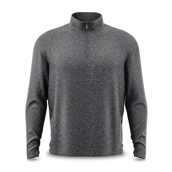 Introducing the Heather Gray - Q-Zip: a men’s long-sleeve quarter-zip pullover crafted from textured, heathered knit fabric in charcoal gray. Designed with an athletic fit, it features a mock neck collar and a centrally placed matching gray zipper pull. The straight long sleeves add to its streamlined look, while the garment is showcased against a pristine white background.