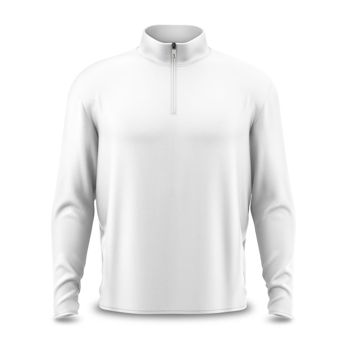 A professional product mockup showcasing the White - Q-Zip, a crisp white long-sleeved quarter-zip pullover shirt, centered on a plain white background. This garment features a standing collar, silver vertical zipper, and lightweight smooth fabric with an athletic fit designed for enhanced mobility.
