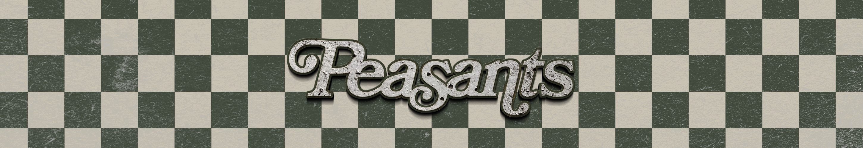 The image shows the word Peasants in a large, decorative, metallic-textured font centered on a gray and off-white checkerboard background. The word casts a shadow, giving it a three-dimensional effect.