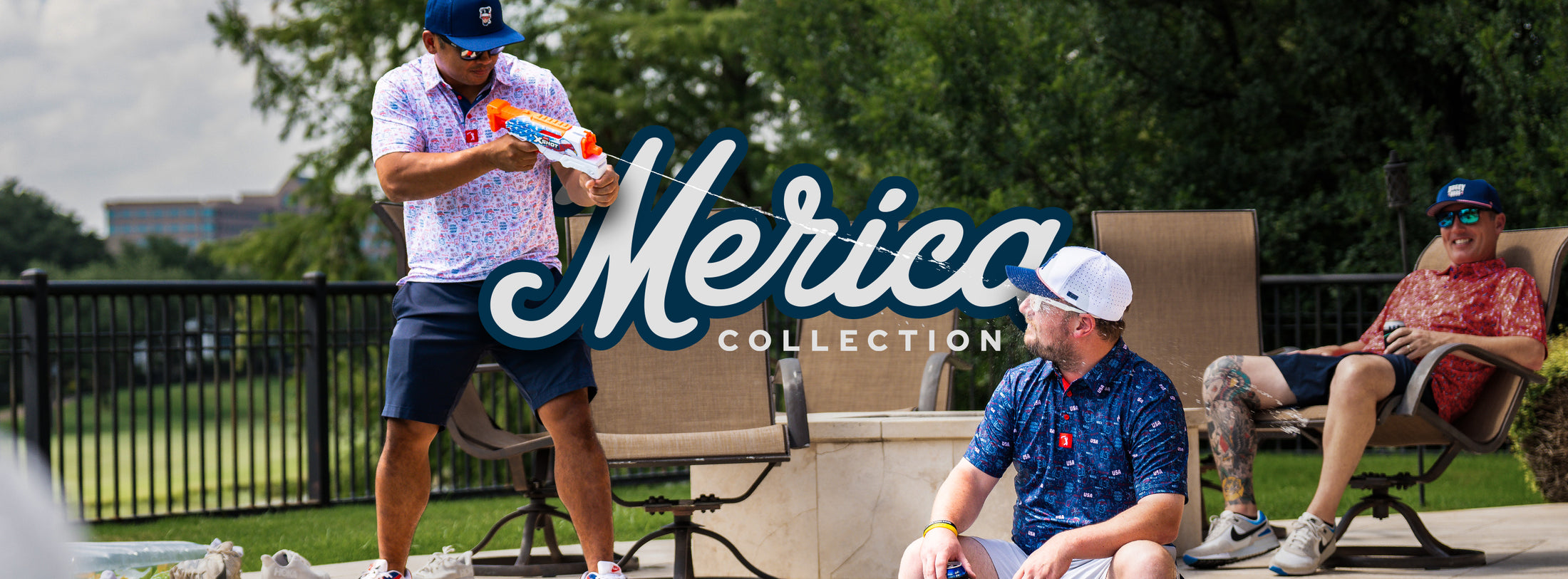 Three men relax outdoors by a pool. One stands playfully spraying a water gun at a seated man, both wearing patterned shirts and hats. A third man lounges on a chair, smiling. The text “Merica Collection” is boldly displayed across the image.