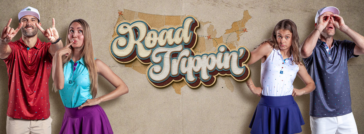 Four adults in colorful golf outfits stand on either side of a retro Road Trippin sign against a US map backdrop. They make playful faces and gestures, including shushing, looking up, and using hands as binoculars, evoking a fun travel vibe.